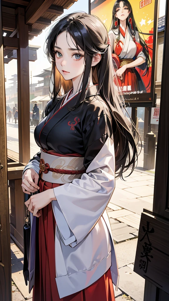 (perfect anatomy:1.2)(absurdres, highres, ultra detailed),masterpiece,best quality,high resolution,8k,Realistic face,Realistic skin texture,magnified textures, stunning clarity,detailed anime girl,(ultra detailed eyes and face),,black long hair,pale skin,Japanese shrine maiden, mysterious eyes,shrine maiden clothes,(white kimono),(The red long hakama),thin body type,big breasts,,(expressionless but bashful:1.2),Steampunk in the Edo Period、(Vivid hieroglyph signs and street advertisements:1.2)、silence、autumn、hieroglyph,souk、Ancient Egyptian statues、Shopping Street,,look at viewer,(from front:1.3),Delicate atmosphere、,cowboy shot,arms down、Looking at the viewer
