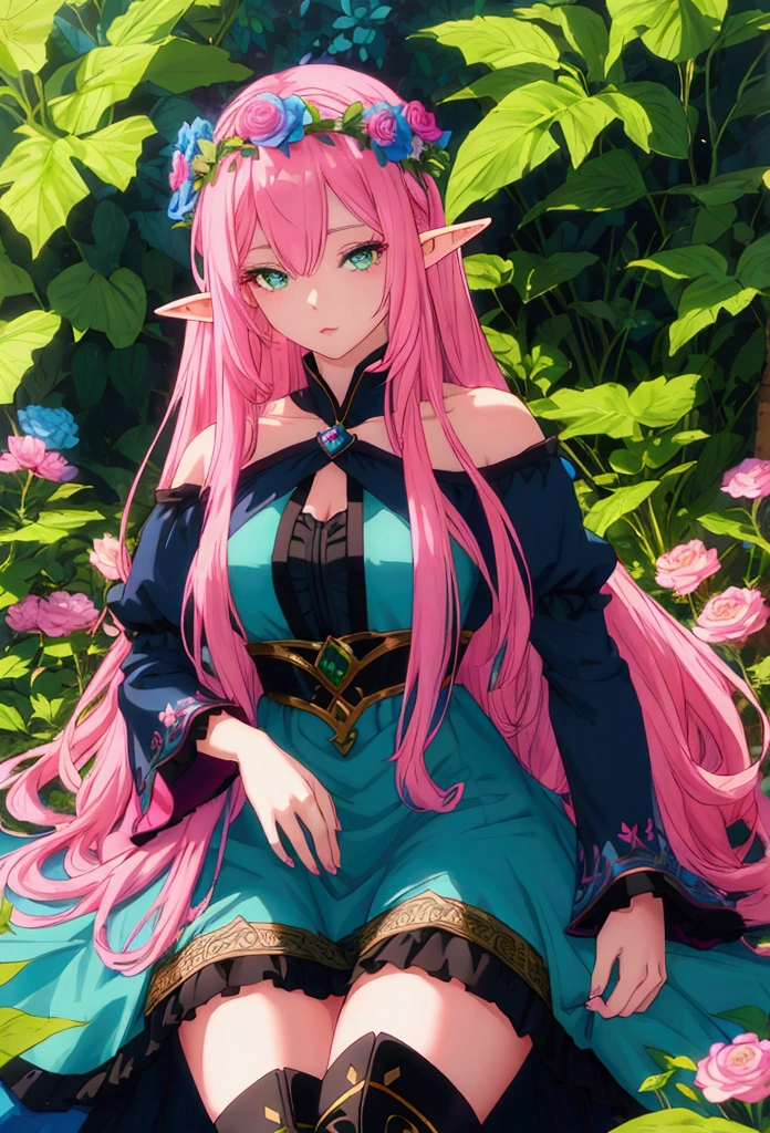beautiful adult women elf, long pink hair and blue streaks hair, green eyes, with flower crown, black boots, blue dress, pink underskirt and black sleeves
