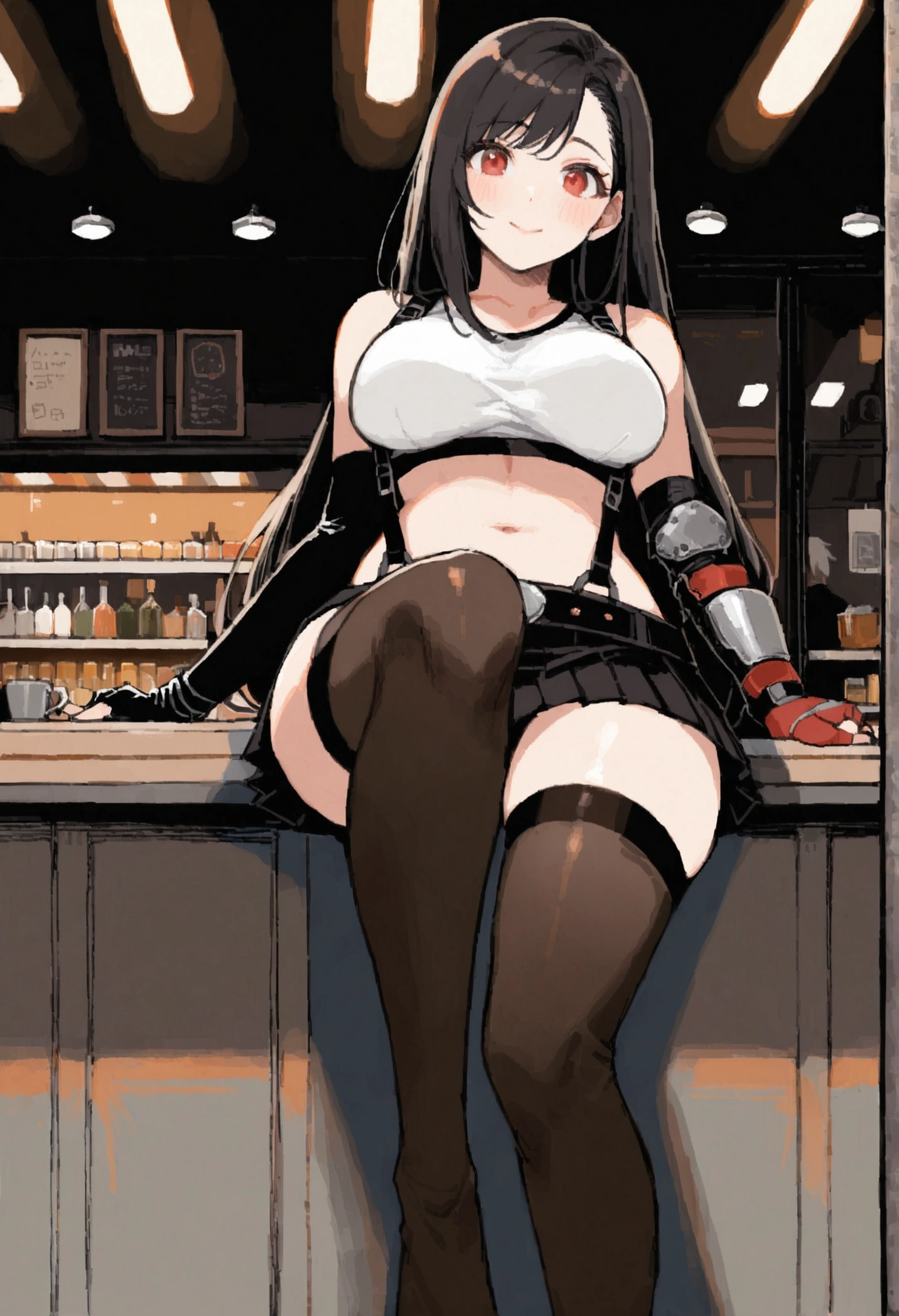 score_9, score_8_up, score_7_up, (best quality), masterpiece,perfect anatomy,(aesthetic,very aesthetic),tegaki,illustration,ultra-high resolution, 1girl, tifa lockhart, final fantasy,(beautiful woman).tareme, black hair, low-tied long hair, red eyes, bangs, white tank top,gap, belt, pleated skirt, thighhighs, elbow fingerless gloves, elbow pads, midriff, navel,suspender skirt.zettai ryouiki ,straight-on,(feet view),leg up,(large_breasts),Solo,mediumshot,looking_at_viewer,,,sitting,cafe and bar, ,Framin,(Composition)