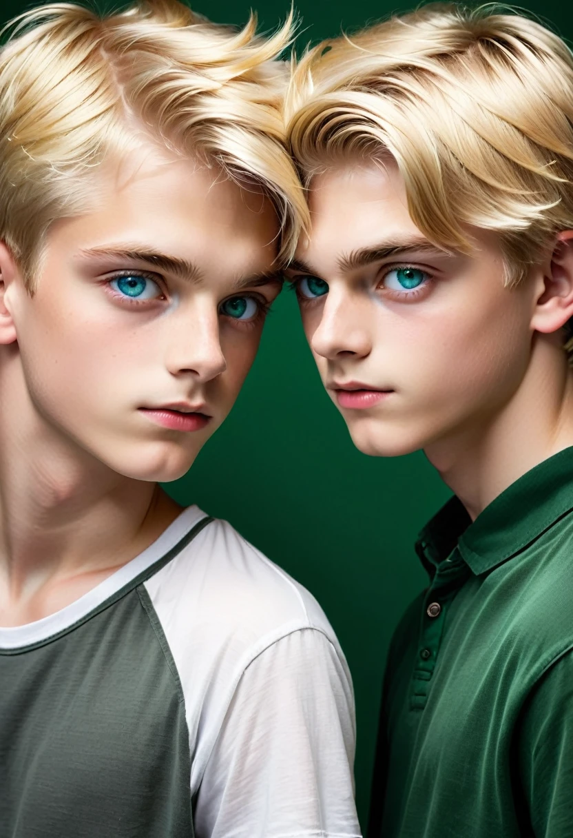 Two boys, one blond blue eyes and the other dark green eyes, both , tighting