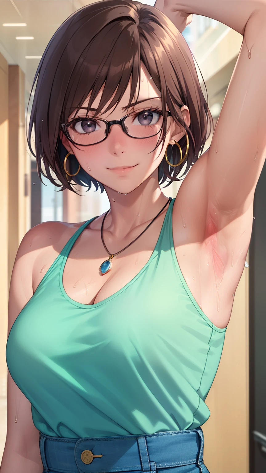 masterpiece, best quality, high resolution, UHD, RTX, pixel perfect, depth of field, 4k, highly detailed, 1 girl, single, solo, beautiful anime girls, beautiful art style, anime characters, short hair, glasses, open bangs, middle hair bangs part, dark red hair, black eyes:1.4, round eyes, beautiful eyelashes, realistic eyes, detailed face, blush:1.2, fine texture:0.75, realistic texture:0.65, photorealistic:1.1, CG anime style, bright color, small breasts, cleavage, busty, dynamic angle, perfect body, POV, dynamic pose, looking at the viewer, lingerie, short jeans, fashionable handbag, 1 diamond necklace, hoop earrings, shy smile, tsundere, mall , stand, ((hd armpits)), ((super detailed armpits)), sweaty, ((close up armpit)), ((hairy)), wet armpits 