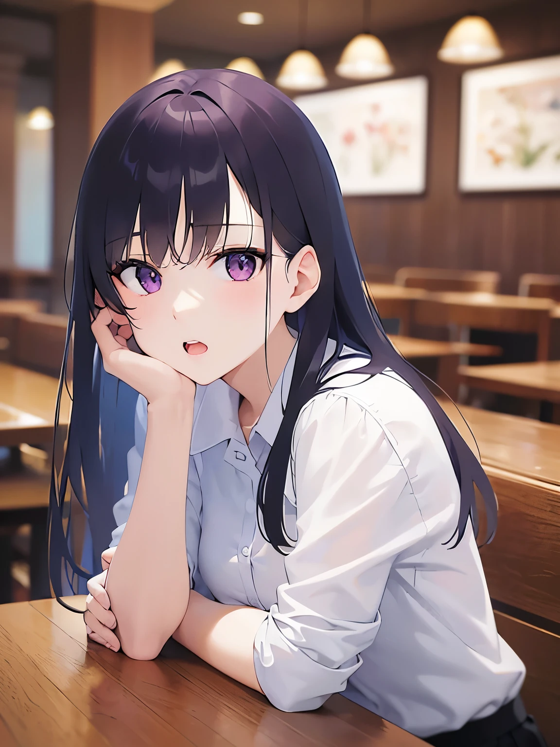 leaning forward on table, Upper Body, Realistic, real person, (pale skin: 1.2), RAW photo, photorealistic, shiny skin, shiny hair、(A 25-year-old woman with straight hair and bangs) and (medium hair) and (black hair) and (purple eyes) , (white collared shirt)、annoyed, open mouth, The background is the interior of a restaurant at night.、Alone、Are standing