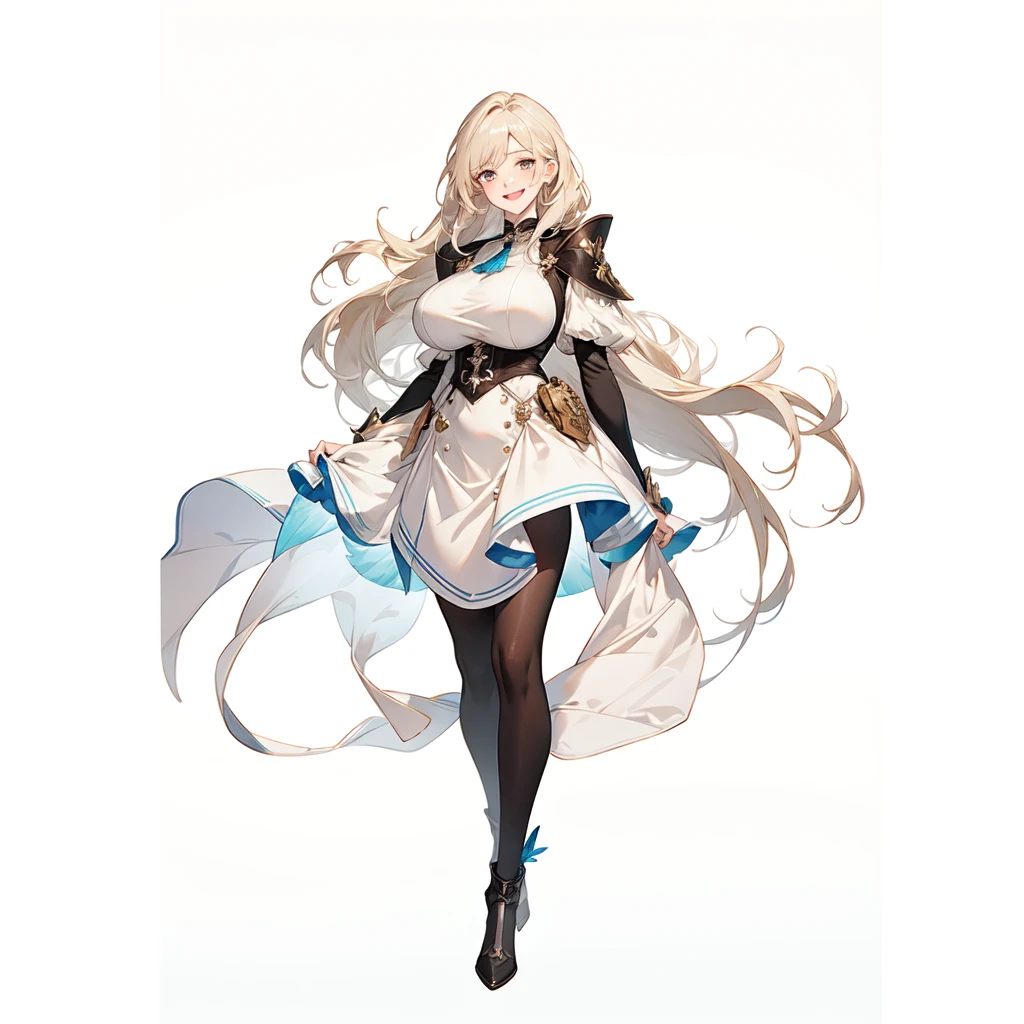 masterpiece,best quality,1girl,right hand in waist,azur lane unzen,\(herrscher of finality\),solo,full body,pale skin,light beige hair,full body,cute fantasy white dress,very long hair floating around,light pearl colored eyes,(white eyelashes),+ +,tight black pantrose,(((big breasts))),((smiling seductively)),silver amor pieces, ((fantasy character)), anime character sheet