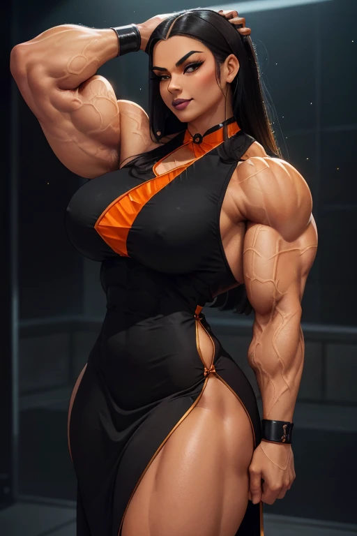 (Close view), tall, black haired woman, long straight hair, light brown skinned, closed smile, (black lipstick), ((massive muscles)), (hyper muscle), ((ginormous bulky muscles)), ((glowing orange eyes)), (sparkly black cheongsam dress), wristbands, choker, high heels, (hands on her hips in a Japanese club),