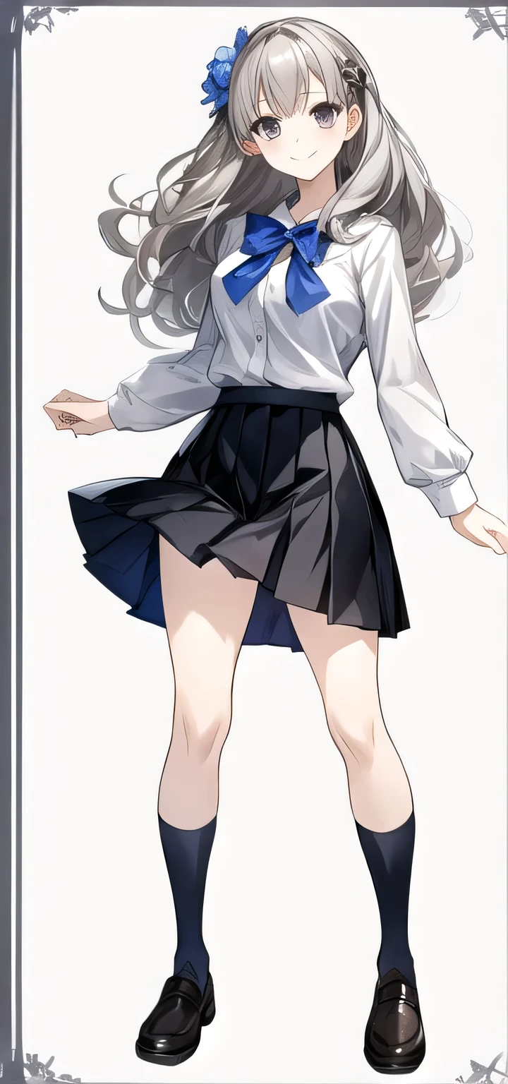 masterpiece, best quality,fuyusaka iori 1, 1girl, solo, hair flower, white shirt, short skirt, pleated skirt, black skirt, shoes, hair ornament, flower, long hair, full body, socks, gray hair, white flower, gray eyes, looking at viewer, white background, middle breast, smile, shameful face, slander, standing, loafers, cowboy shot