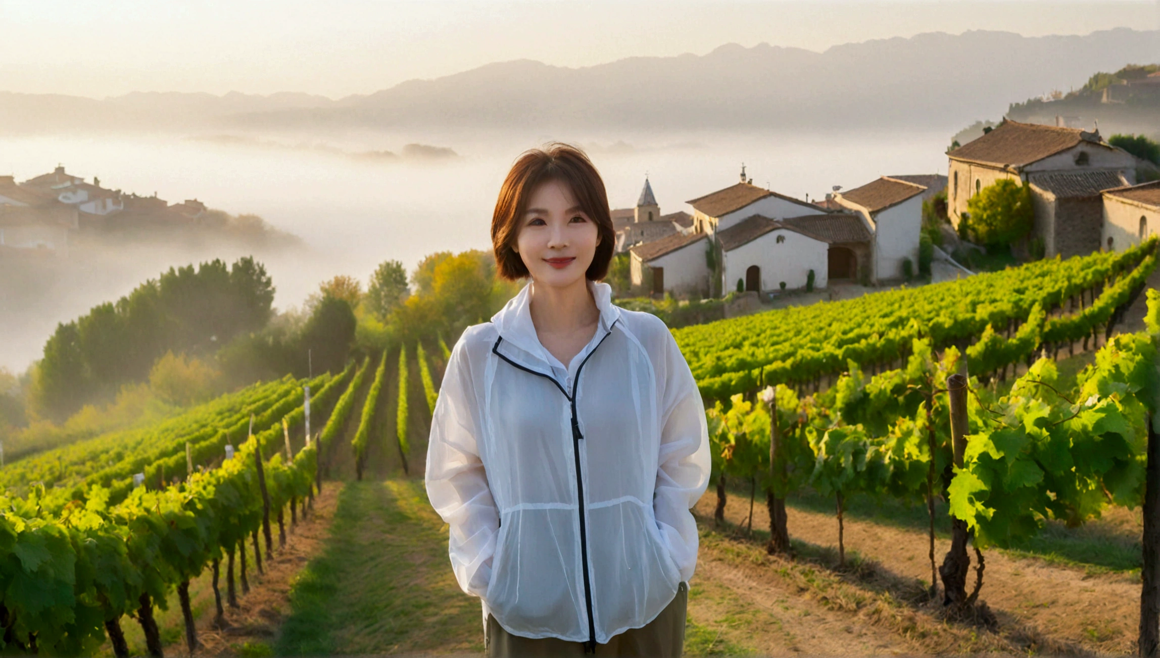 8k, 36 year old Korean woman, pretty like a model, Short hair, white shirt, Luxury brand windbreaker, casual pants, spring, Dawn fog, path, vineyard, monastery, italian countryside village, Vivid picture quality, Realistic perfect picture quality, dawn fog, Wide angle lens shot from afar, Vivid picture quality, Delicate and perfect picture quality, smile