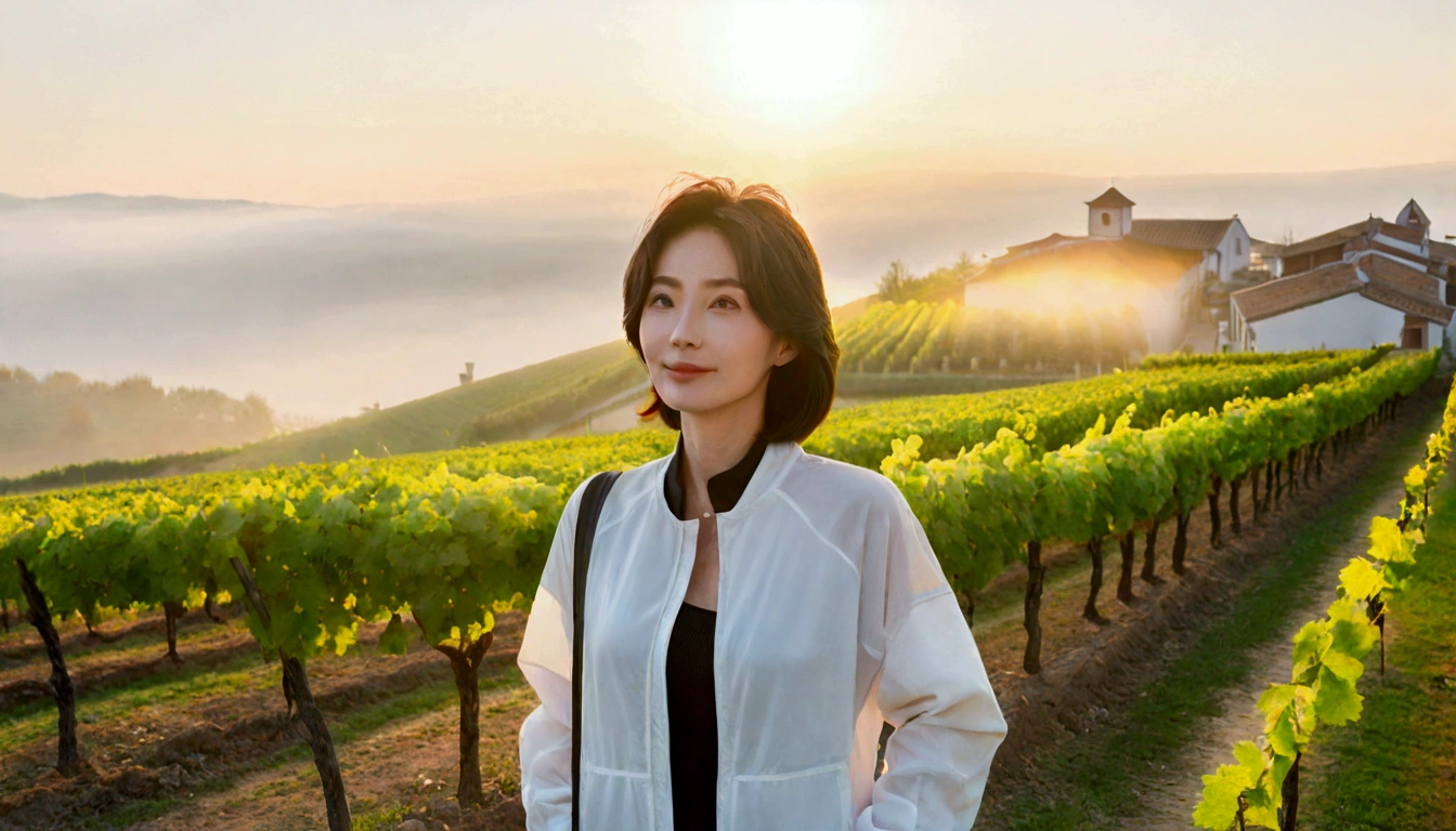 8k, 36 year old Korean woman, pretty like a model, Short hair, white shirt, Luxury brand windbreaker, casual pants, spring, Dawn fog, path, vineyard, monastery, italian countryside village, Vivid picture quality, Realistic perfect picture quality, dawn fog, Wide angle lens shot from afar, Vivid picture quality, Delicate and perfect picture quality, smile