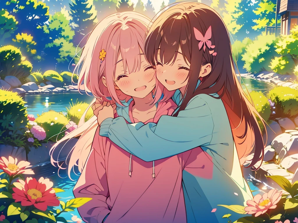 kawaii, anime, Cute, hyper quality, highly detailed, 8k, Clarity, Two girls with brown hair and pink hair, One person has long dark brown hair and green eyes., The other is a young girl with a bright pink short bob and scarlet eyes., Hug each other in Europe's natural water gardens, shed tears, A touching reunion, warm atmosphere, clear blue sky, jump on, whole body, clear air, planted flowers and greenery, Draw facial expressions in detail, highlight on eyes, Close your eyes and cry and laugh, pull perspective, hoodie, Uplifting, jump and hug, Draw the whole body of both of them, light dances, pink hair, Netherlands, pick up a , A small butterfly of light dances, with pink hair and short bob,
