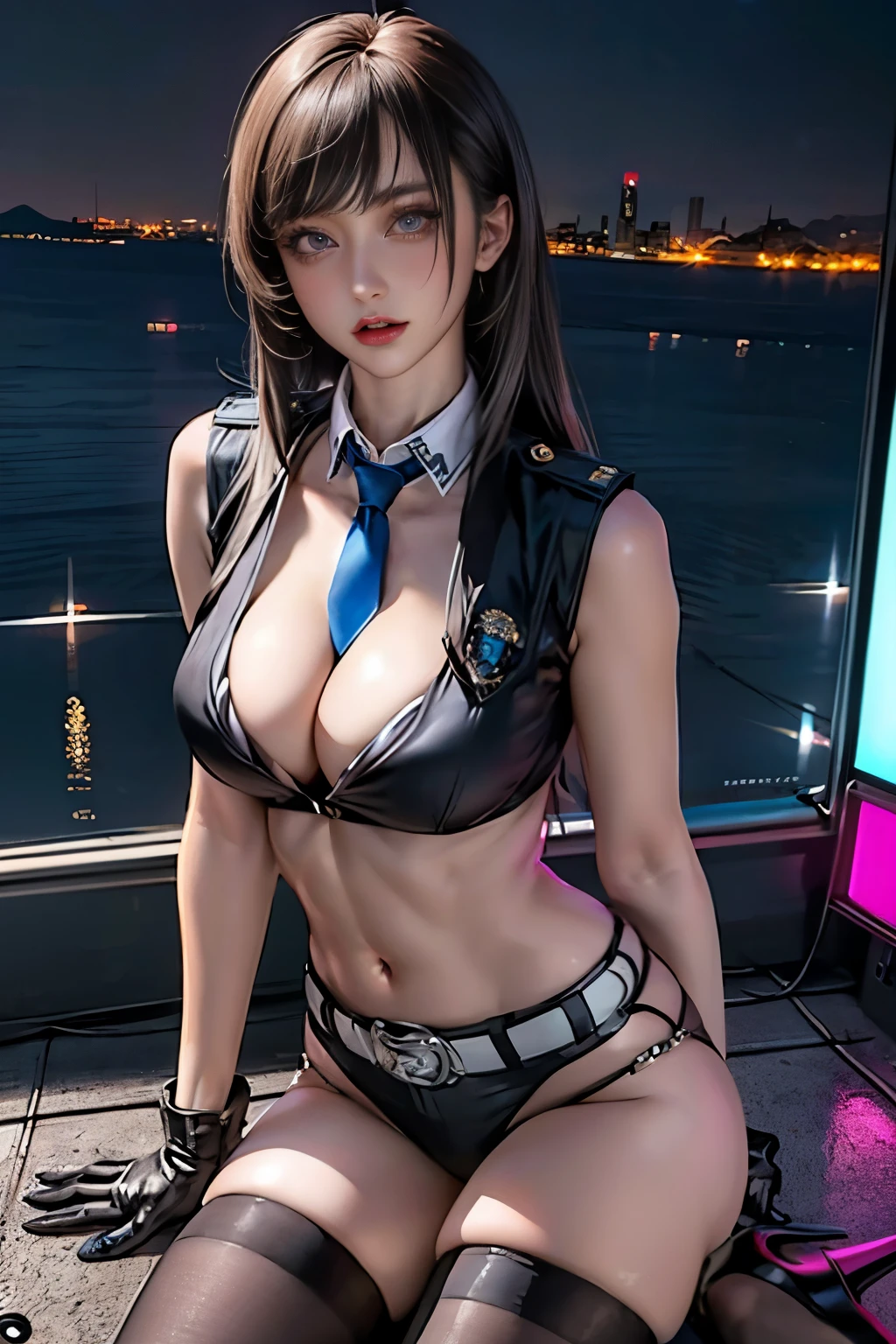 ((best quality)), ((highly detailed)), masterpiece, (detailed eyes, deep eyes), (1girl), upper body, Cop, police uniform, vest, belt, necktie, necktie between breasts, collared shirt, cleavage, midriff, thighhighs, highleg bikini, high heels, gloves, outside, in a town, at night, neon lights