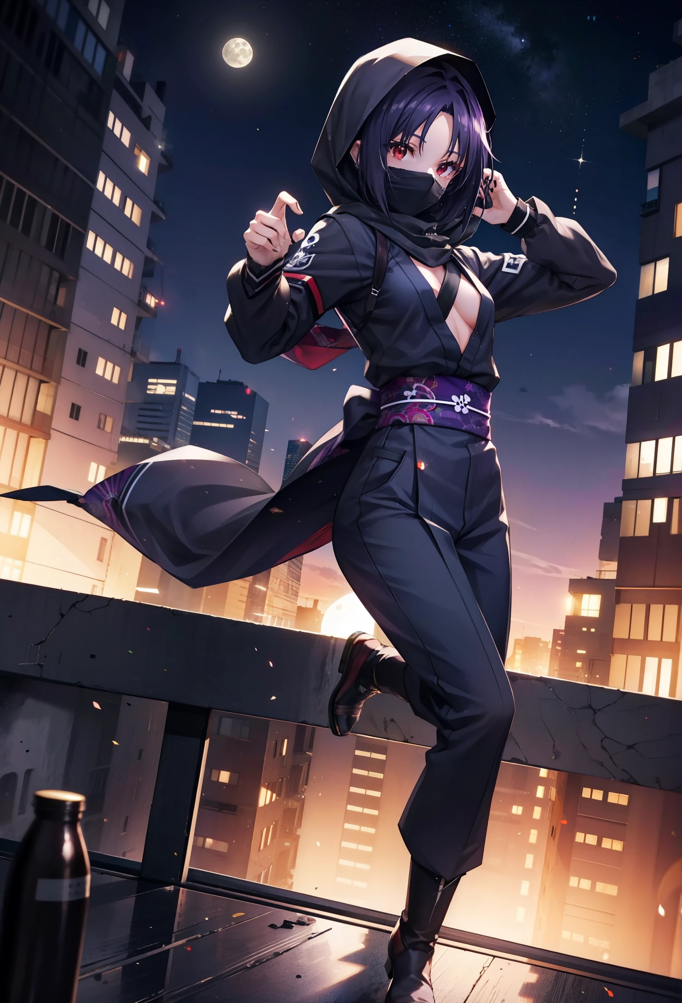 yuukikonno, Yuki Konno, hair band, Long Hair, Pointed Ears, Purple Hair, (Red eyes:1.5), (Small :1.2),Hooded,Cover your mouth with a black scarf,strict,black Ninja uniform,Ninja,black Ninja pants,short boots,Action pose,Overlooking the city from the roof of the building,moon,moon明かり,night,moon光,whole bodyがイラストに入るように,
break looking at viewer, whole body,
break outdoors ,Medieval European-style building,
break (masterpiece:1.2), Highest quality, High resolution, unity 8k wallpaper, (shape:0.8), (Beautiful and beautiful eyes:1.6), Highly detailed face, Perfect lighting, Extremely detailed CG, (Perfect hands, Perfect Anatomy),