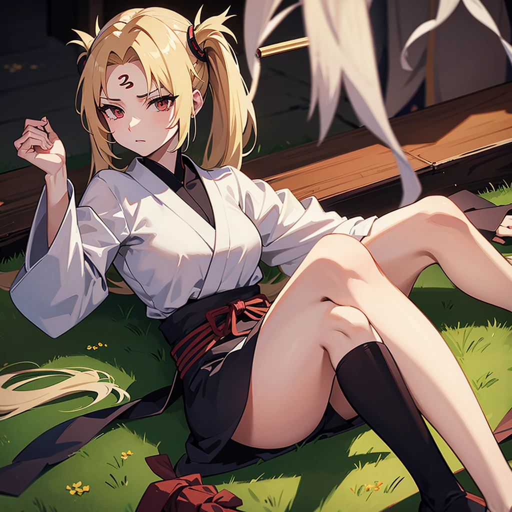 tsunade from naruto, white shirt, shorts, full body, perfect detailed feet, whole foot.