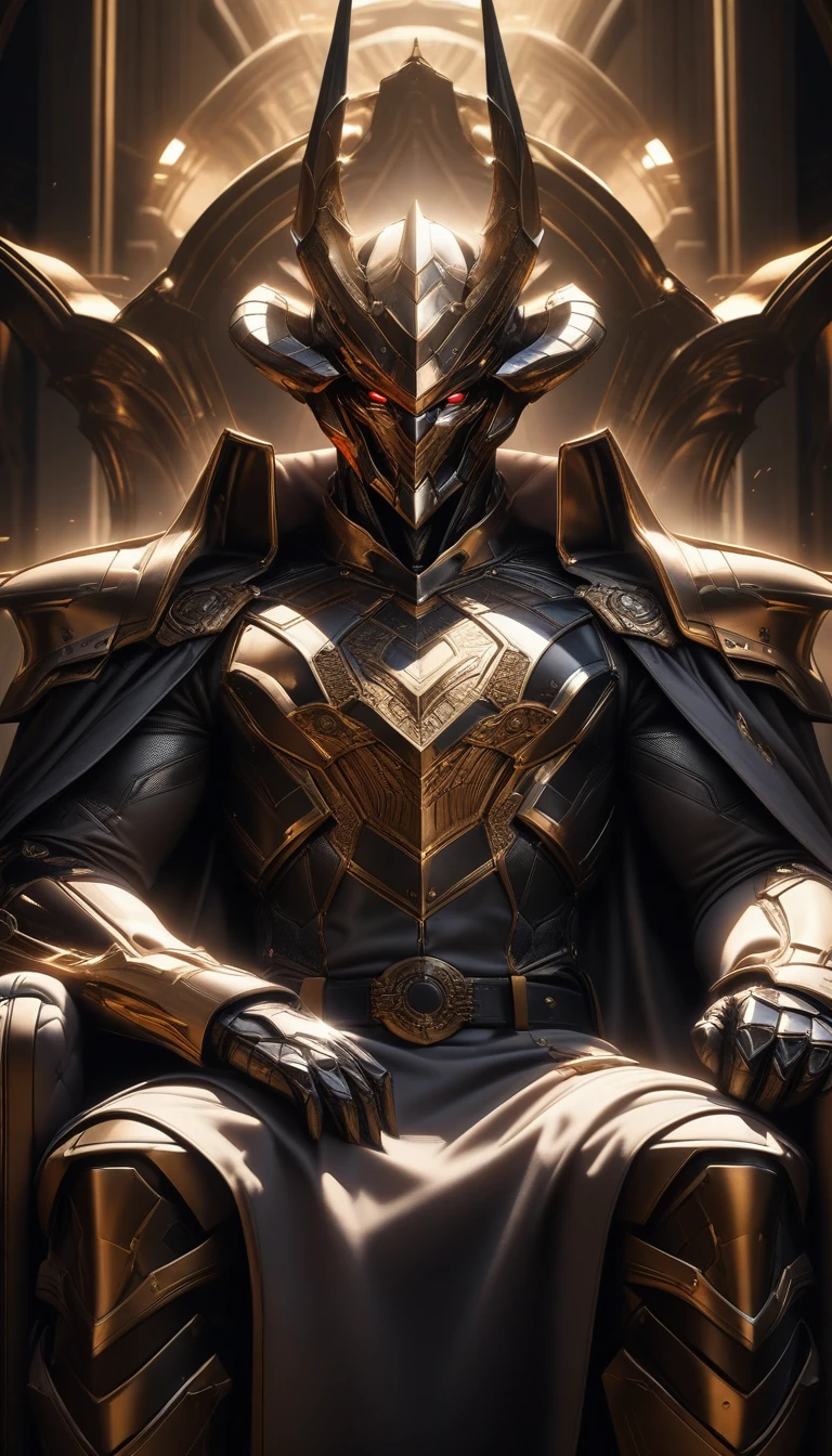 "A science fiction character in futuristic armor sits on a majestic throne. He wears a helmet with horns and large red eyes. His armor is black and yellow with gold details on the shoulders and chest. His belt has a large black stone in the center. Background Behind it is a luxurious room with classic architecture and dramatic lighting, giving the impression of power and authority, "ultra-realistic", "cinematic lighting", "epic".