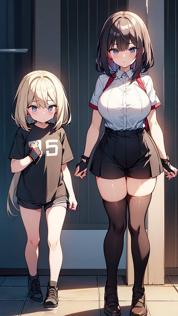 Full body image, front, One girl, 18-year-old, Mix 4, (32K, RAW Photos, Highest quality, masterpiece:1.2), (Anime-like, photoAnime-like:1.37), cute, カジュアルウェア, Short sleeve T-shirt,Shorts,Black knee socks, night, rain, Humidity, Professional Lighting, Photon Mapping, Radio City, Physically Based Rendering, Super Resolution, (Big Breasts:1.2), {{The biological weapon that had preyed on the younger sister took her place and reunited with the older brother, The rebellious  sister has become the obedient little sister}}, Girl Skull, whole body, NSFW