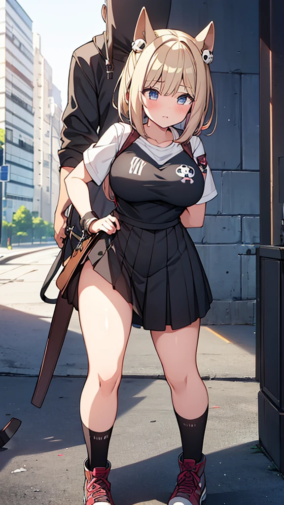 Full body image, front, One girl, 18-year-old, Mix 4, (32K, RAW Photos, Highest quality, masterpiece:1.2), (Anime-like, photoAnime-like:1.37), cute, Short sleeve T-shirt,Shorts,Black knee socks, night, rain, Humidity, Professional Lighting, Photon Mapping, Radio City, Physically Based Rendering, Super Resolution, (Big Breasts:1.2), {{The biological weapon that had preyed on the younger sister took her place and reunited with the older brother, The rebellious little sister has become the obedient little sister}}, Girl Skull, whole body, NSFW