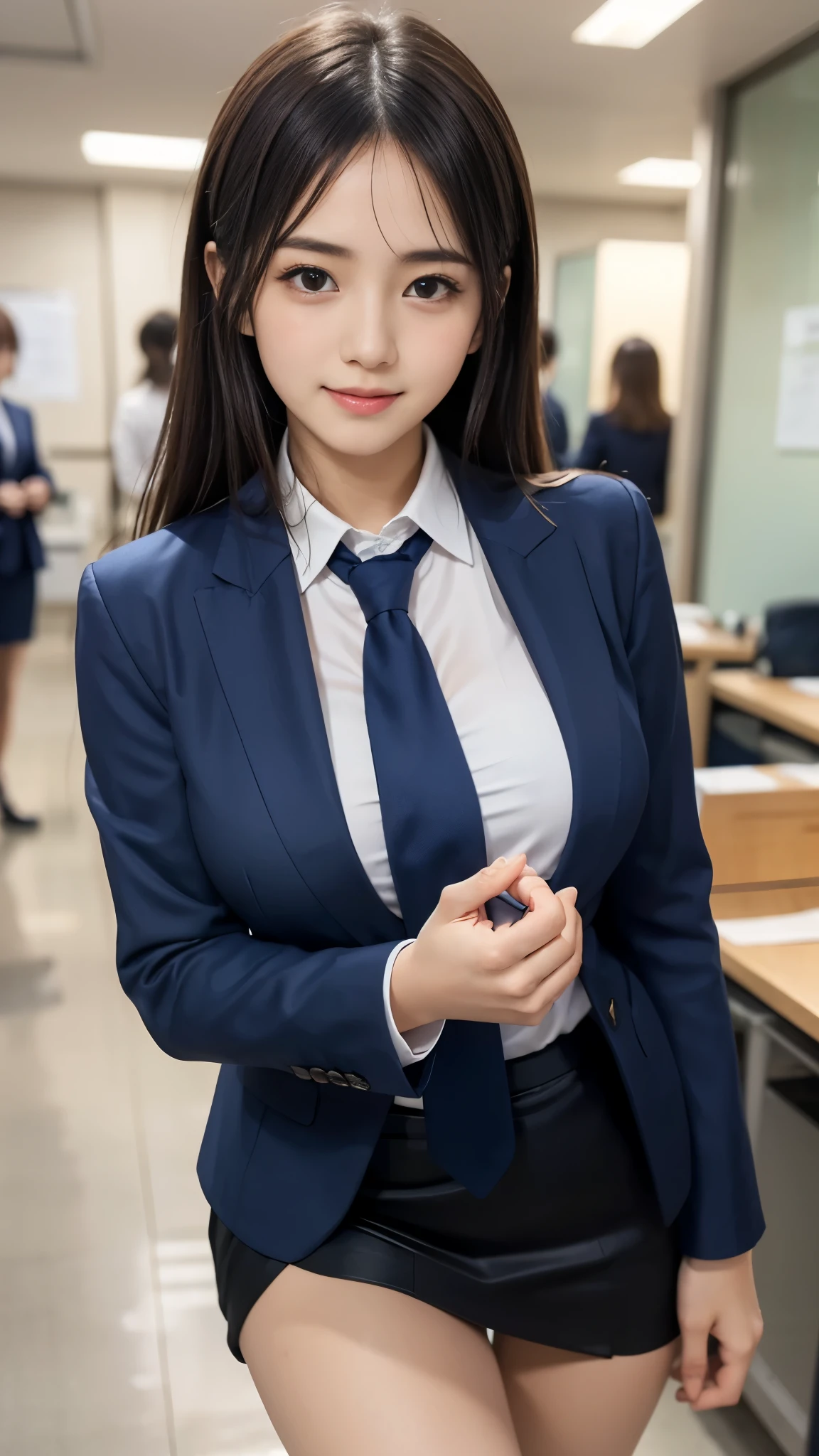 (((A beautiful girl walking in a neat navy blue suit skirt:1.3))), (8k, RAW Photos, Highest quality, masterpiece:1.2), ((Beautiful girl alone)), Looking at the audience, Viewed from the front, Beautiful white skin, knees, Absurd face is small, Part your bangs down the middle, The forehead is visible, Glare, ((Cute mischievous face:1.3)), Ultra-high resolution, cute, (Slender body line), (Outstanding proportions), ((Office lady suit:1.4, Fancy tie:1.3)), high school girl, (Idolフェイス, :1.65), Japanese women, Are standing, (Photorealistic:1.37), Photon Mapping, Realistic, cute顔が小さい, Brown eyes, prospect, Written boundary depth, Blurred Background, (I can see the bangs), Silky smooth hair, (Firm stomach:1.3), (Beautiful and slim thighs:1.4), (Small beautiful butt:1.2), (Curved waist), thigh, Nogizaka idol, Idol, (Detailed hands:1.3, Accurate hands:1.3, Beautiful little hands of a girl:1.3), (Firm and beautiful breasts:1.3), Super quality, Low people, (Clear white skin, Skin with visible pores:1.2), (Focus on the face), Check and correct the garment construction, (Perfect Anatomy:1.3), (Detailed eyes and face:1.3, Professional photography techniques), (Adorable poses)