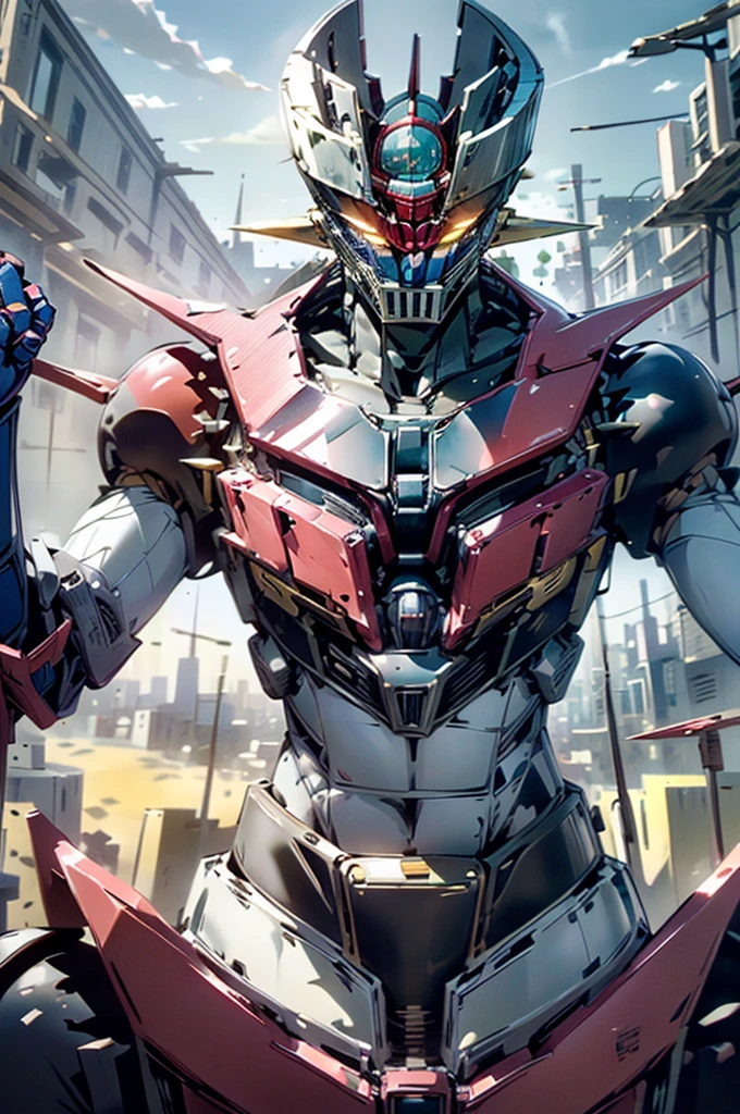 best quality, 8k, very delicate and beautiful, highly detailed face and skin texture, high resolution, mazinger z standing in city, sharp focus