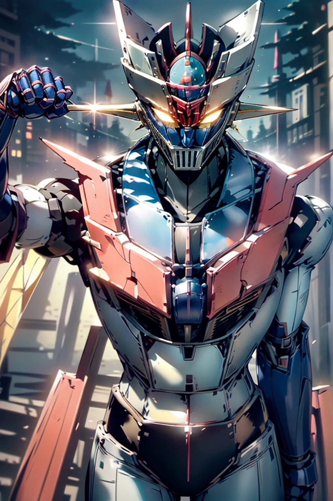 best quality, 8k, very delicate and beautiful, highly detailed face and skin texture, high resolution, mazinger z standing in city, sharp focus