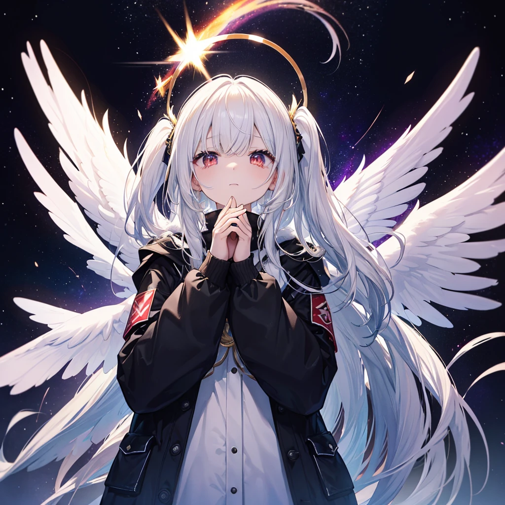 (((((Archangel、Put your hands together、Face it、Close-up Galaxy Background、Shine))))) ((((Angel Halo、黒くShine Fantasy Long Hair、Black and white、Swaying in the Wind Dull red eyes Put on a coat without putting your arms through it Wings bigger than me)))) (((Lonely、despair))) ((tears gloves)) (Distorted Space-Time Big full moon) Shine背景 Particles of light, Shineエッジ