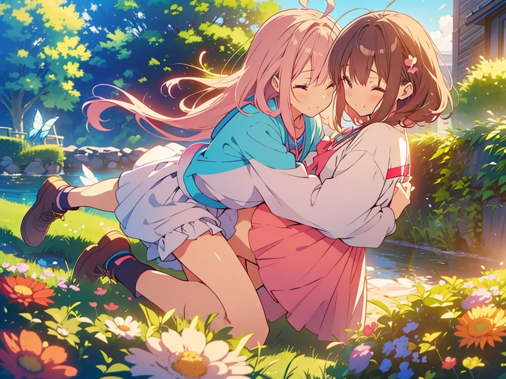 kawaii, anime, Cute, hyper quality, highly detailed, 8k, Clarity, Two girls with brown hair and pink hair, One person has long dark brown hair and green eyes., The other is a young girl with a bright pink short bob and scarlet eyes., Hug each other in Europe's natural water gardens, shed tears, A touching reunion, warm atmosphere, clear blue sky, jump on, whole body, clear air, planted flowers and greenery, Draw facial expressions in detail, highlight on eyes, Close your eyes and cry and laugh, pull perspective, hoodie, Uplifting, jump and hug, Draw the whole body of both of them, light dances, pink hair, Netherlands, pick up a , A small butterfly of light dances,  with pink hair and short bob, 	