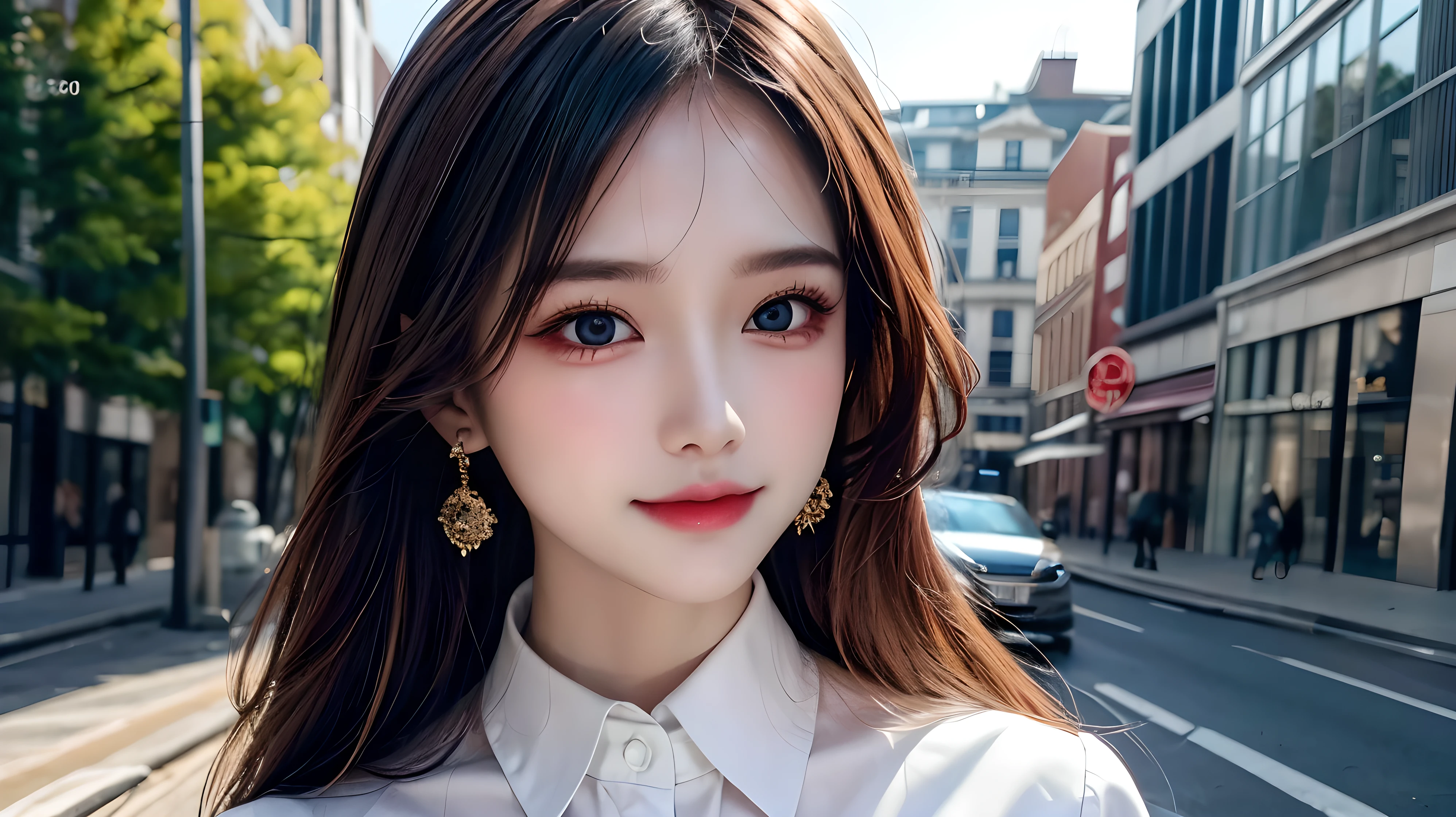 (masterpiece, Best Quality, photorealistic, ultra-detailed, finely detail, high resolution, 8K wallpaper), a close-up portrait of 1 beautiful woman, standing in the city, earrings, necklace, smiling happily, light-brown messy long hair, in black business suit, white collared shirt, unbuttoned, sharp-focus, large-sized breasts, perfect dynamic composition, beautiful detailed eyes, detailed hair, detailed realistic skin texture, a cover of a fashion magazine, professional photography, ,xxmix_girl