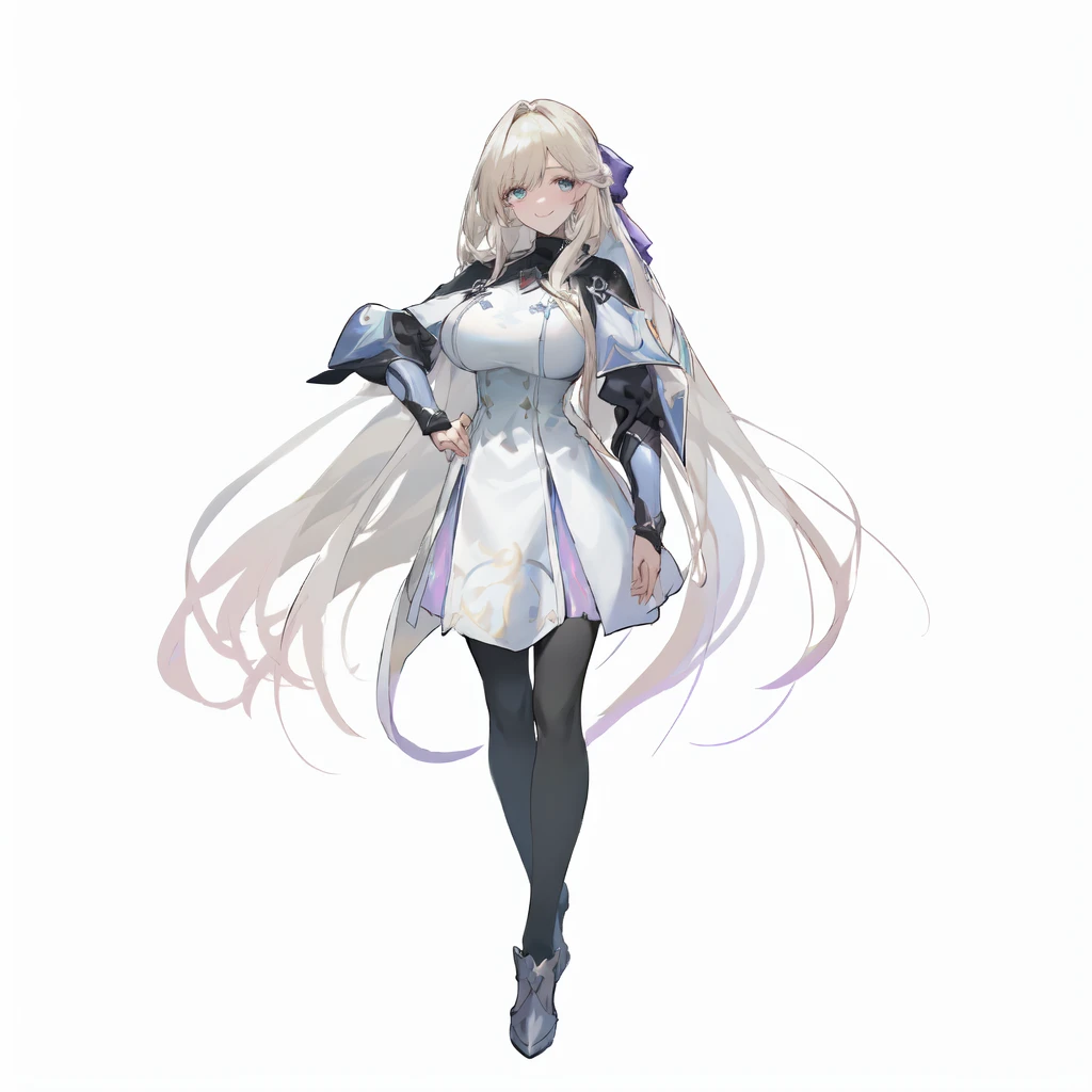 masterpiece,best quality,1girl,right hand in waist,azur lane unzen,\(herrscher of finality\),solo,full body,pale skin,light beige hair,full body,cute fantasy white dress,very long hair floating around,light pearl colored eyes,(white eyelashes),+ +,tight black pantrose,(((big breasts))),((smiling seductively)),silver amor pieces, ((fantasy character)), anime character sheet