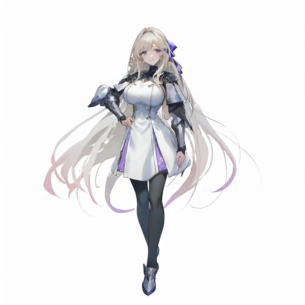 masterpiece,best quality,1girl,right hand in waist,azur lane unzen,\(herrscher of finality\),solo,full body,pale skin,light beige hair,full body,cute fantasy white dress,very long hair floating around,light pearl colored eyes,(white eyelashes),+ +,tight black pantrose,(((big breasts))),((smiling seductively)),silver amor pieces, ((fantasy character)), anime character sheet