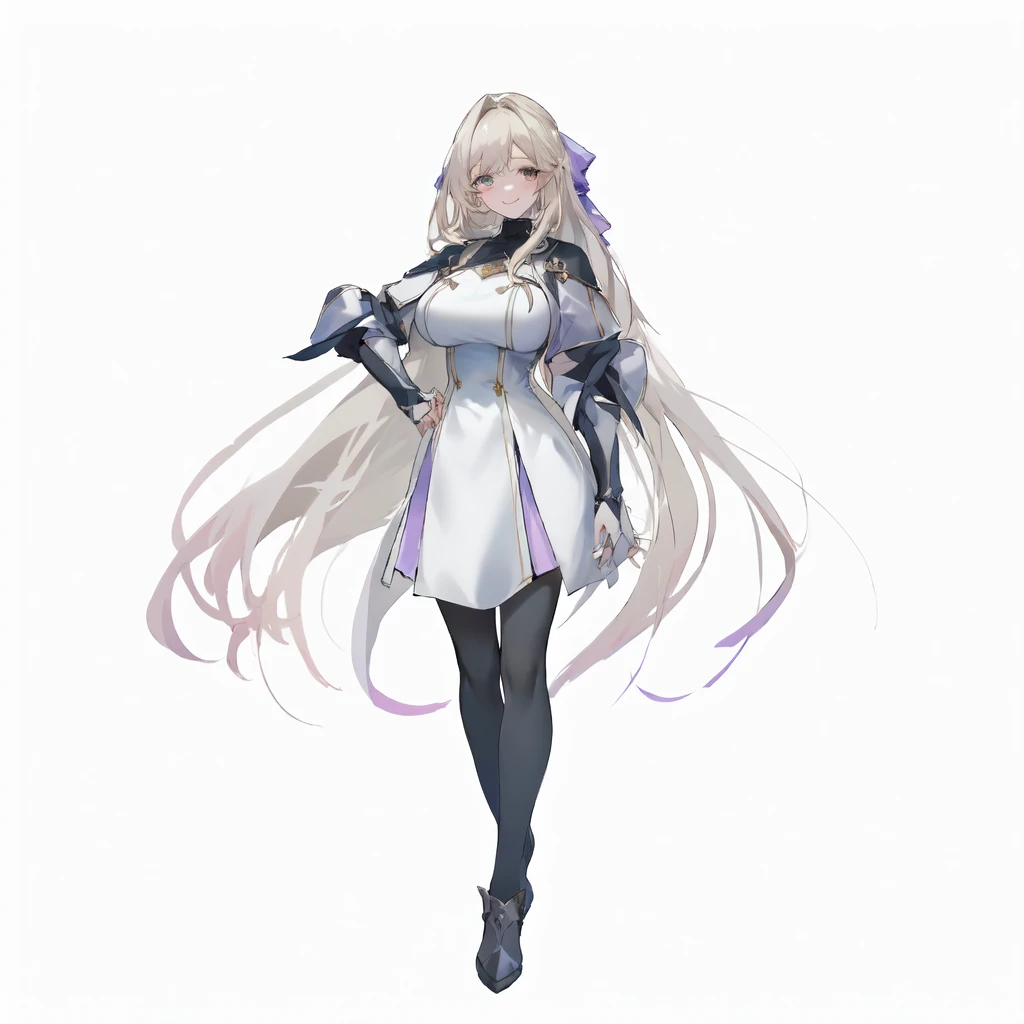 masterpiece,best quality,1girl,right hand in waist,azur lane unzen,\(herrscher of finality\),solo,full body,pale skin,light beige hair,full body,cute fantasy white dress,very long hair floating around,light pearl colored eyes,(white eyelashes),+ +,tight black pantrose,(((big breasts))),((smiling seductively)),silver amor pieces, ((fantasy character)), anime character sheet