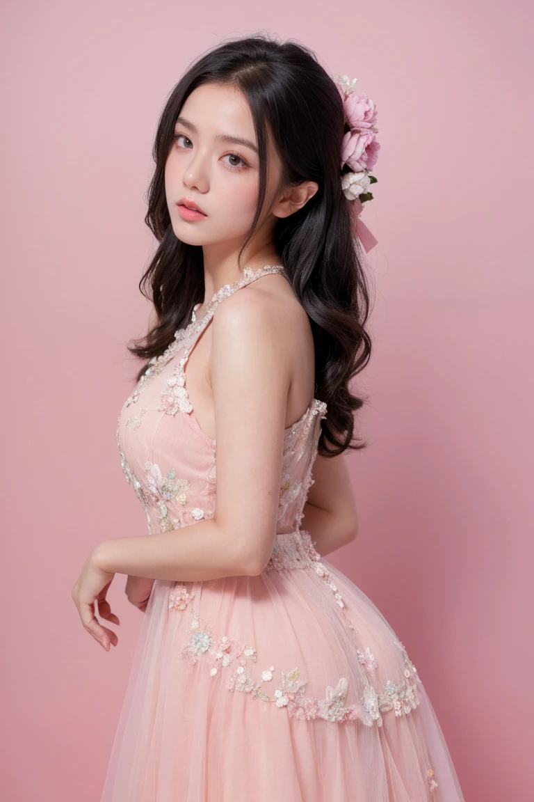 21yo girl, beautiful dress, pastel background