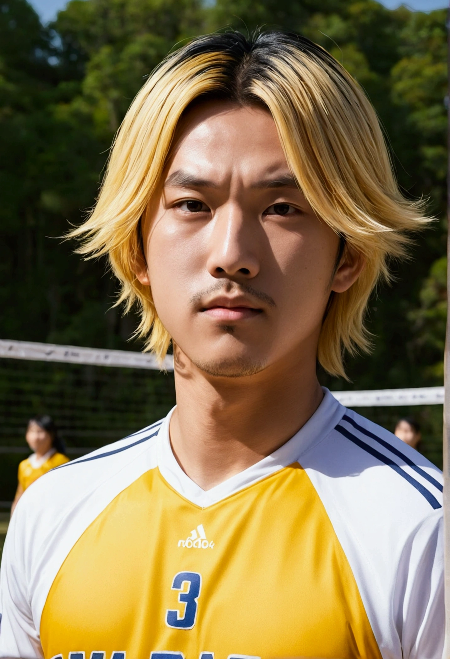 ((fully cloofd))High resolution, masterpiece,Kenma Kozume, ((1 personof男of子,)) ((1 person)), black_hair (blonde_hair) Looking_To_of_male side_Focus Multicolor_hair,Solo Sportswear Sweat Sweatdrop Twitter_ユーザー名of結び付け_hair upper_Body Volleyball_Yellow uniform_eye, Detailed Background, bright,Volleyball court, outside,blue sky, forest,