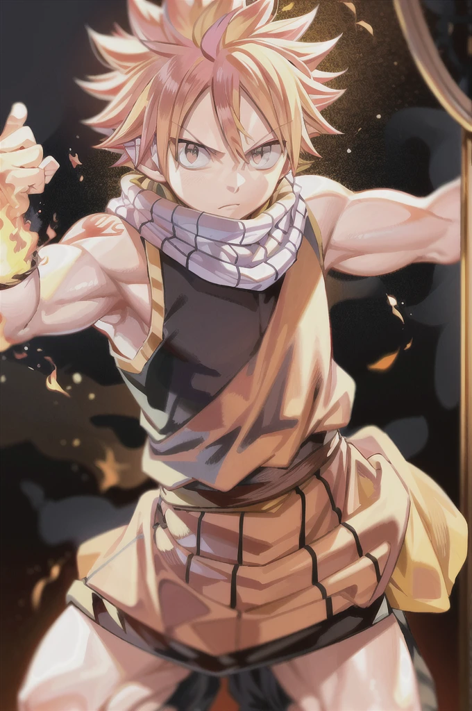 masterpiece, best quality, 1boy, natsu dragneel, scarf, sleeveless, black eyes, fire, arm up, yellow hair