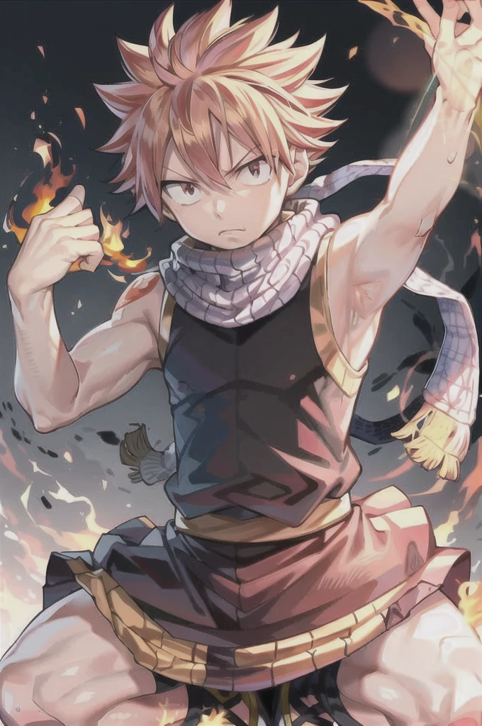 masterpiece, best quality, 1boy, natsu dragneel, scarf, sleeveless, black eyes, fire, arm up, yellow hair