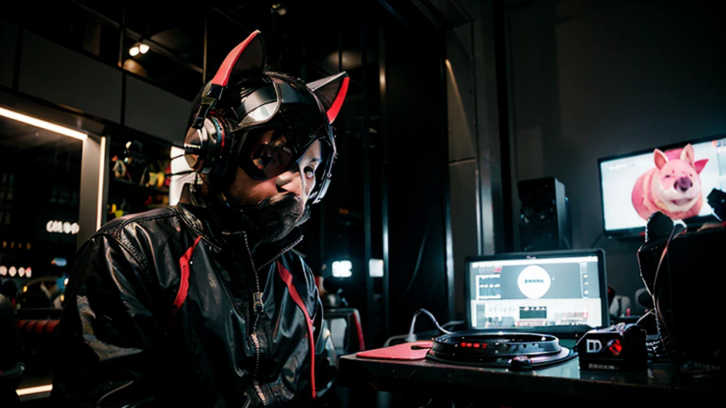 DJ AND ELECTRONIC PRODUCER MAN WITH FULLY COVERED BLACK REALISTIC PIG HEAD MASK PIG HELMET, CASCO DE MARRANO MASK PIG FUTURISTIC