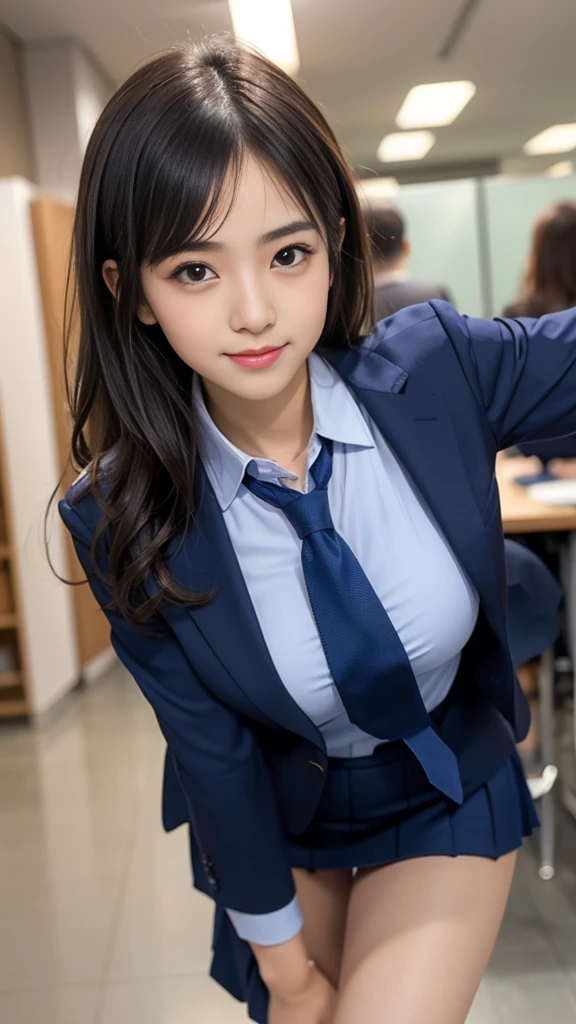(((A beautiful girl walking around in a flashy tie and a neat navy blue suit skirt:1.3))), (8k, RAW Photos, Highest quality, masterpiece:1.2), ((Beautiful girl alone)), Looking at the audience, Viewed from the front, Beautiful white skin, knees, Absurd face is small, Part your bangs down the middle, The forehead is visible, Glare, ((Cute mischievous face:1.3)), Ultra-high resolution, cute, (Slender body line), (Outstanding proportions), ((Office lady suit:1.4)), high school girl, (Idolフェイス, :1.65), Japanese women, Are standing, (Photorealistic:1.37), Photon Mapping, Realistic, cute顔が小さい, Brown eyes, prospect, Written boundary depth, Blurred Background, (I can see the bangs), Silky smooth hair, (Firm stomach:1.3), (Beautiful and slim thighs:1.4), (Small beautiful butt:1.2), (Curved waist), thigh, Nogizaka idol, Idol, (Detailed hands:1.3, Accurate hands:1.3, Beautiful little hands of a girl:1.3), (Firm and beautiful breasts:1.3), Super quality, Low people, (Clear white skin, Skin with visible pores:1.2), (Focus on the face), Check and correct the garment construction, (Perfect Anatomy:1.3), (Detailed eyes and face:1.3, Professional photography techniques), (Adorable poses)