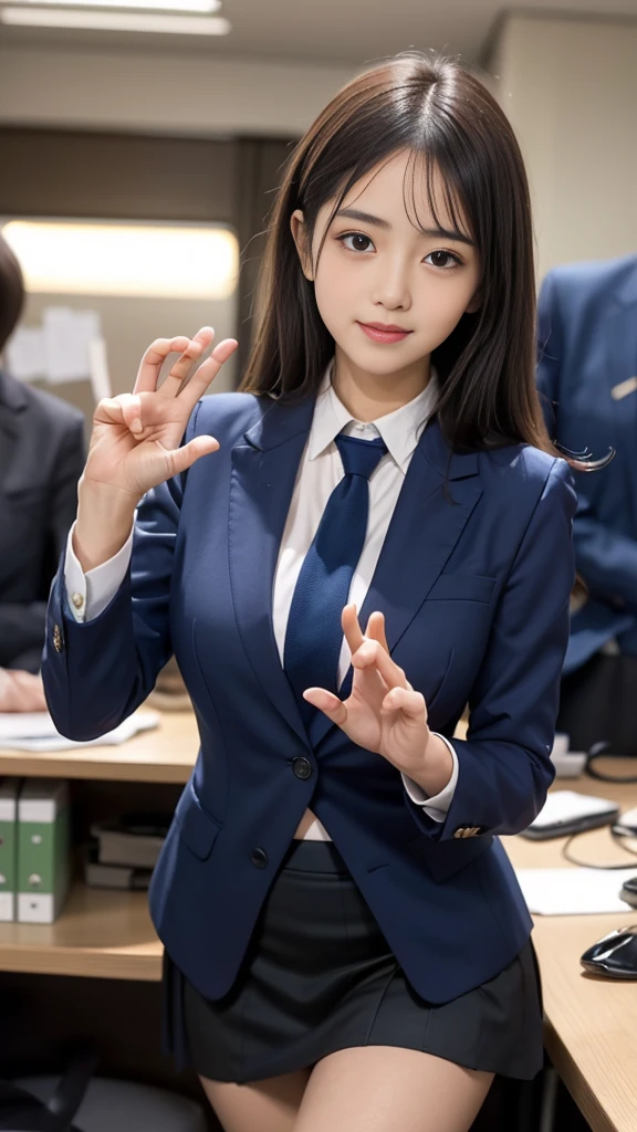 (((A beautiful girl walking in a red tie and a neat navy blue suit skirt:1.3))), (8k, RAW Photos, Highest quality, masterpiece:1.2), ((Beautiful girl alone)), Looking at the audience, Viewed from the front, Beautiful white skin, knees, Absurd face is small, Part your bangs down the middle, The forehead is visible, Glare, ((Cute mischievous face:1.3)), Ultra-high resolution, cute, (Slender body line), (Outstanding proportions), ((Office lady suit:1.4)), high school girl, (Idolフェイス, Baby Face:1.65), Japanese women, Are standing, (Photorealistic:1.37), Photon Mapping, Realistic, cute顔が小さい, Brown eyes, prospect, Written boundary depth, Blurred Background, (I can see the bangs), Silky smooth hair, (Firm stomach:1.3), (Beautiful and slim thighs:1.4), (Small beautiful butt:1.2), (Curved waist), thigh, Nogizaka idol, Idol, (Detailed hands:1.3, Accurate hands:1.3, Beautiful little hands of a girl:1.3), (Firm and beautiful breasts:1.3), Super quality, Low people, (Clear white skin, Skin with visible pores:1.2), (Focus on the face), Check and correct the garment construction, (Perfect Anatomy:1.3), (Detailed eyes and face:1.3, Professional photography techniques), (Adorable poses)