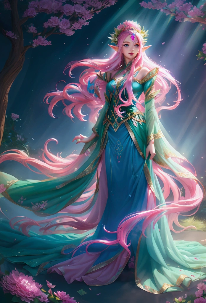 beautiful adult women elf, long pink hair and blue streaks hair, green eyes, with flower crown, boots, blue dress, pink skirt and black sleeves, full body.
