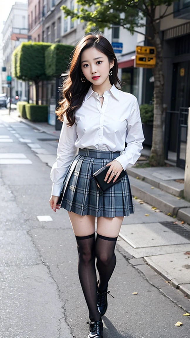 Wearing a white shirt, girl, (tight top:1.5),close your mouth and smile,legs long,((Short 暗红plaid pleated skirt:1.3)),White skin of the,high high quality,4K, Face-to-face audience, 1 plump girl,hair tying up,at the street side,(Bring your legs together:1.5),with a round face,wearing skirt, miniskirt, pleated miniskirt, wearing skirt , thighhighs and skirt, short skirt, mini-skirt, wearing a skirt, in shorts, wide skirts, thighs close up, wearing red shorts, pleated skirt, mini skirt, skirt 32 inches in the chest, (sexy pose),(standing pose) ,(full body shot)、Chest 32 inches, ,Stand on the grass and take pictures,gout, Tongue out, Tongue,