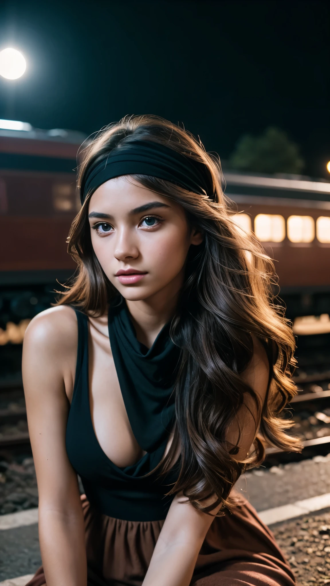 Masterpiece, 20 year old woman, full body, he highest quality, big pink eyes,proportionate lips, Colorful cinematic lighting, brown Cashmere Dress bare shoulders, with overflow [green|rose] long wavy hair, (wearing a black headband), (Perfect face:1.1), sitting Train tracks, at night, moon, moonlight, romantic, HDR, Very detailed, 8k, Hyper realistic, shot at eye level, Cinestill 800