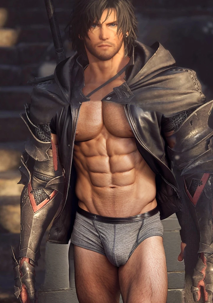 male muscle, pecs, shirtless, leather underwear