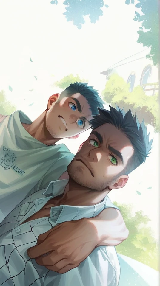 Two boys, one blond blue eyes and the other dark green eyes, both , tighting