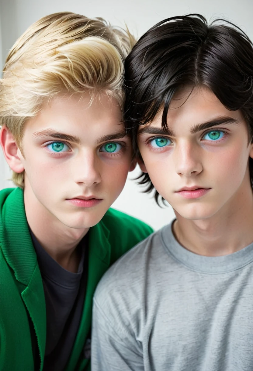 Two boys, one blond blue eyes and the other dark hair green eyes, both 16 years old, tighting 