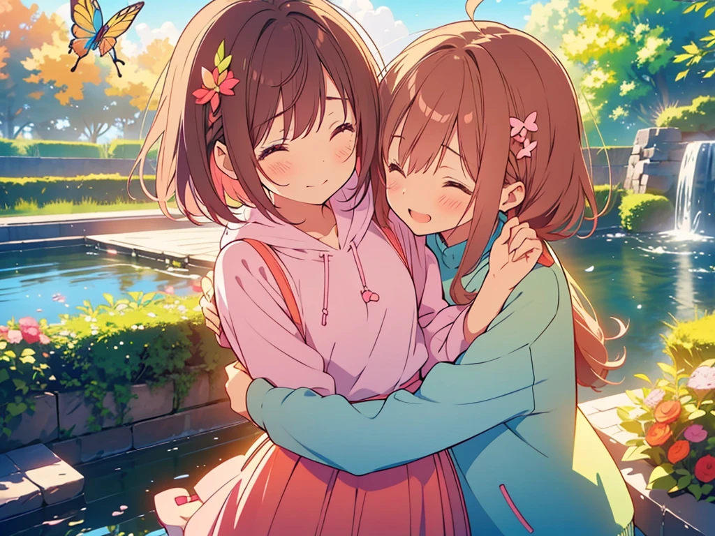 kawaii, anime, Cute, hyper quality, highly detailed, 8k, Clarity, Two girls with brown hair and pink hair, One person has long dark brown hair and green eyes., The other is a young girl with a bright pink short bob and scarlet eyes., Hug each other in Europe's natural water gardens, shed tears, A touching reunion, warm atmosphere, clear blue sky, jump on, whole body, clear air, planted flowers and greenery, Draw facial expressions in detail, highlight on eyes, Close your eyes and cry and laugh, pull perspective, hoodie, Uplifting, jump and hug, Draw the whole body of both of them, light dances, pink hair, Netherlands, pick up a , A small butterfly of light dances,  with pink hair and short bob, 