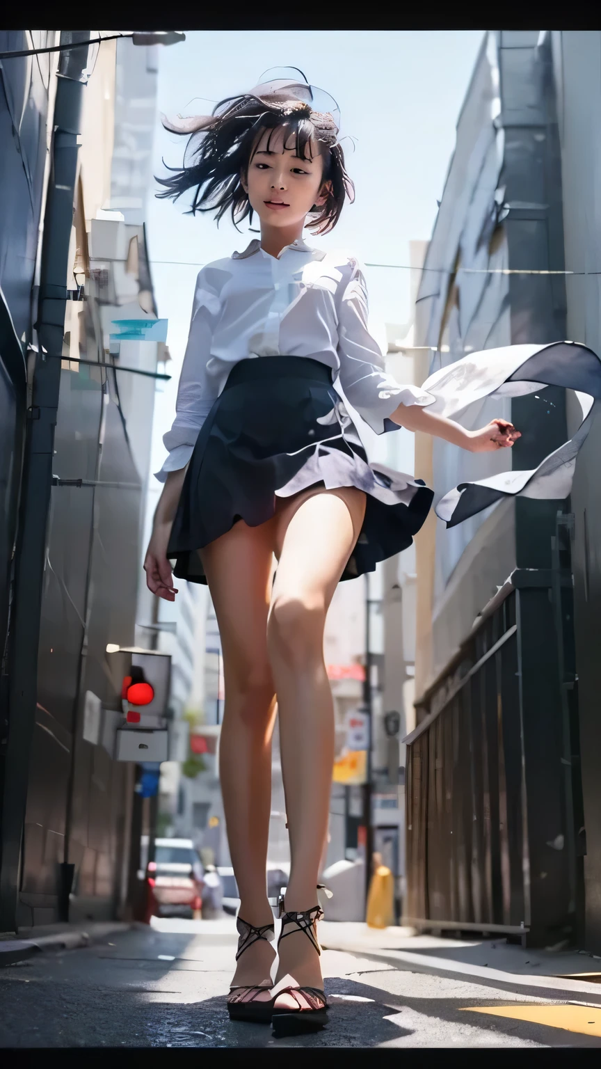 Tokyo Street、Woman walking on the street、Boyish Woman、the wind is strong、(Realistic、Like a photograph、Live Action、8k, Realistic, RAW Photos, Best image quality: 1.4), Single-lens reflex camera、RAW Photos, Highest quality, Realistic, Highly detailed CG Unity 8k wallpaper, Written boundary depth, Cinematic Light, Lens flare, Ray Tracing, Realistic background、(No sleeve:1.4、Mini flare skirt:1.4、Small breasts)、(Carrying the guitar、The guitar strap passes between her breasts、paisla)、((Silver Inner Color Hair:1.1))、Cute Japanese Band Girls、((whole body:1.5))、(short hair:1.2、My hair flutters in the wind:1.5)、I like that style、stylish、Very detailed、Pay attention to the details、Perfect outfit、(White skin)、Beautiful feet:1.1、(View from below:1.2)、Accurate Arm、Meet on a street corner、Super detailed face
