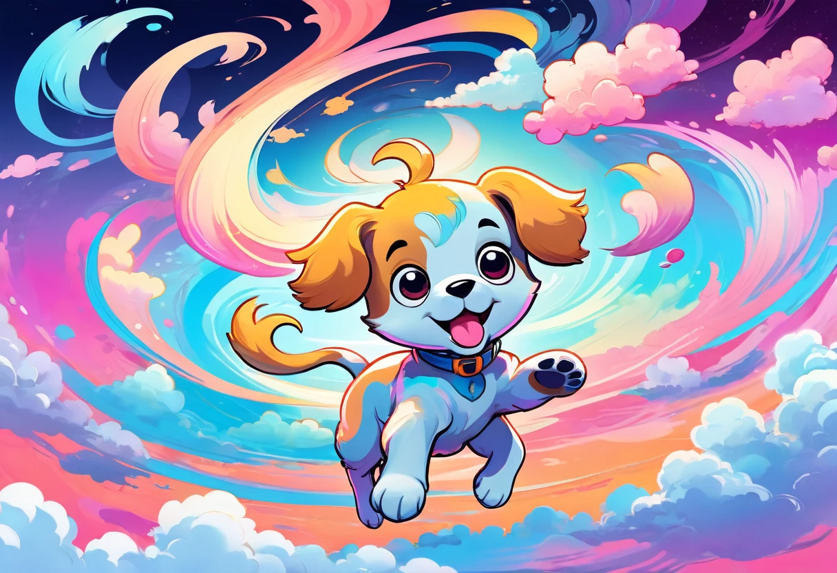 Swirl art puppy cartoon character, Marker Outline, cute, Anime Style, Dynamic pose with arms and legs stretched out, whimsical expression, Floating in the stratosphere、I can see the clouds below、Bright and vibrant colors, Dynamic Lighting, Digital Painting, masterpiece, (Highest quality,4K,8k,High resolution,masterpiece:1.2)