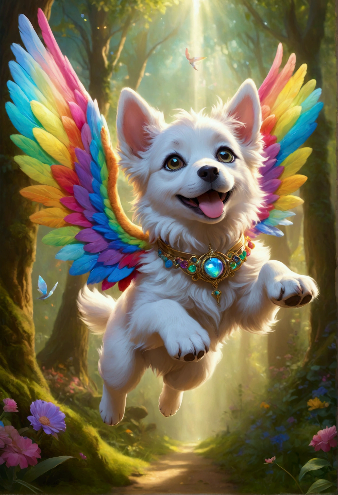 (Ultra detailed), a breathtaking and intricately crafted full-size portrait of a stunning female anthro flying puppy, punctuated by her vibrant fur and captivating eyes. The puppy's wings are a magnificent display of fine detail, each feather individually rendered and shimmering under the soft light. The setting is a serene and dreamlike scene, with the puppy soaring above a picturesque meadow, dappled with sunlight filtering through dainty flowers and leaves. The puppy's body is lean and athletic, with a playful and cheerful expression on her face. The portrait is rendered in a style that evokes a sense of whimsy