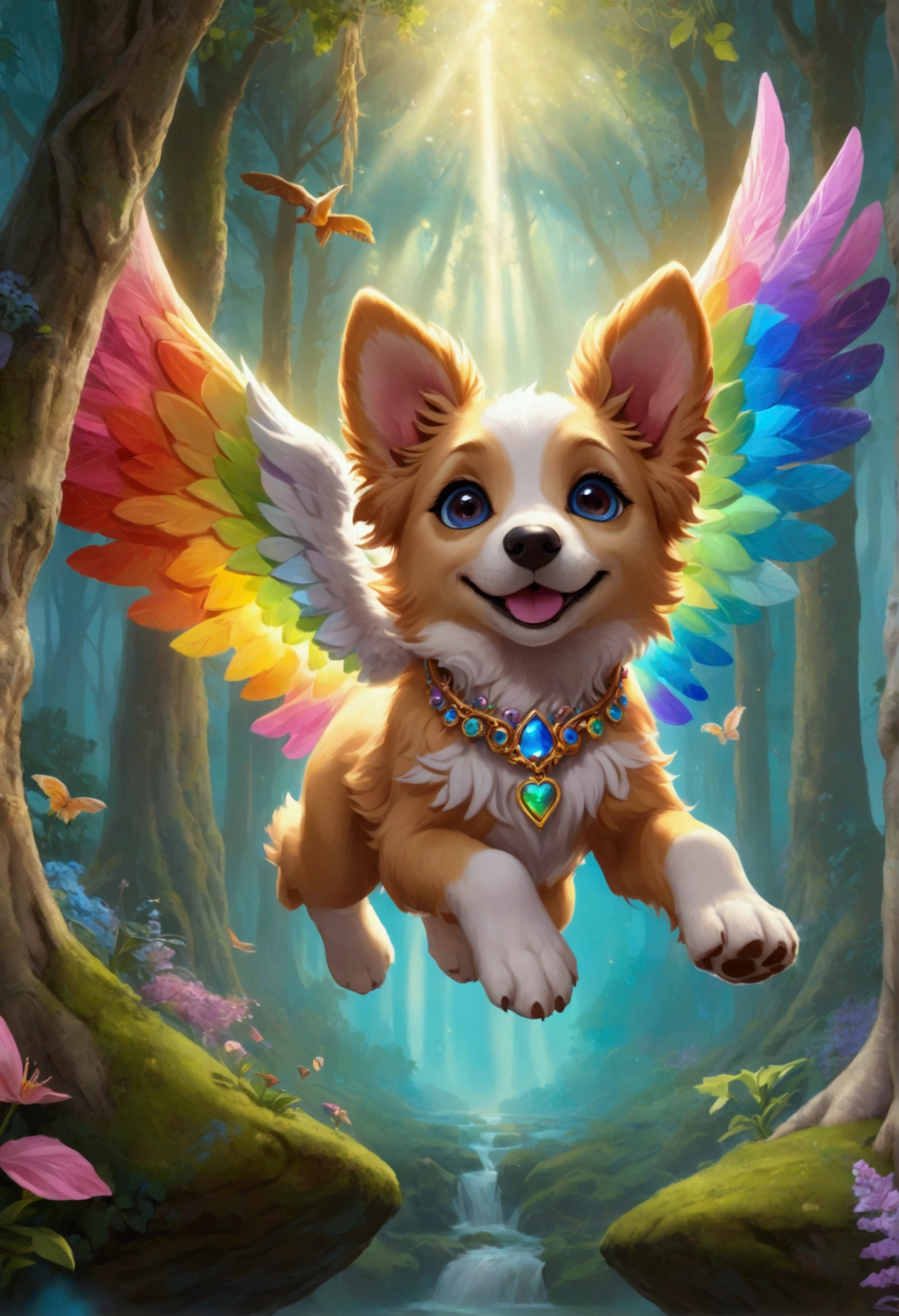 (Ultra detailed), a breathtaking and intricately crafted full-size portrait of a stunning female anthro flying puppy, punctuated by her vibrant fur and captivating eyes. The puppy's wings are a magnificent display of fine detail, each feather individually rendered and shimmering under the soft light. The setting is a serene and dreamlike scene, with the puppy soaring above a picturesque meadow, dappled with sunlight filtering through dainty flowers and leaves. The puppy's body is lean and athletic, with a playful and cheerful expression on her face. The portrait is rendered in a style that evokes a sense of whimsy