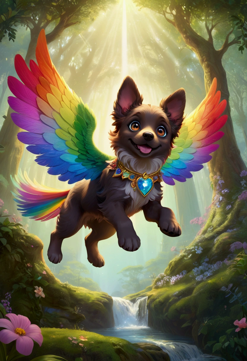 (Ultra detailed), a breathtaking and intricately crafted full-size portrait of a stunning female anthro flying puppy, punctuated by her vibrant fur and captivating eyes. The puppy's wings are a magnificent display of fine detail, each feather individually rendered and shimmering under the soft light. The setting is a serene and dreamlike scene, with the puppy soaring above a picturesque meadow, dappled with sunlight filtering through dainty flowers and leaves. The puppy's body is lean and athletic, with a playful and cheerful expression on her face. The portrait is rendered in a style that evokes a sense of whimsy