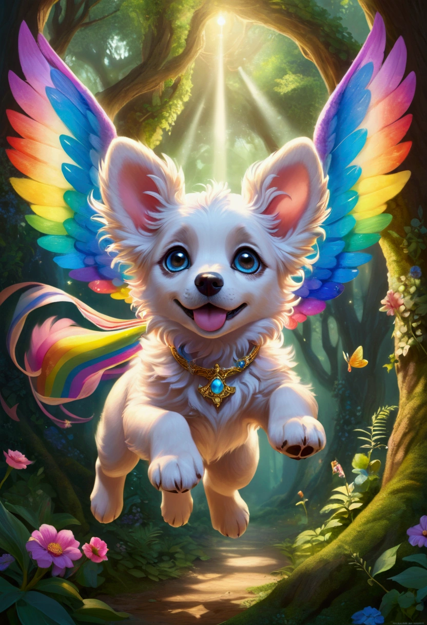 (Ultra detailed), a breathtaking and intricately crafted full-size portrait of a stunning female anthro flying puppy, punctuated by her vibrant fur and captivating eyes. The puppy's wings are a magnificent display of fine detail, each feather individually rendered and shimmering under the soft light. The setting is a serene and dreamlike scene, with the puppy soaring above a picturesque meadow, dappled with sunlight filtering through dainty flowers and leaves. The puppy's body is lean and athletic, with a playful and cheerful expression on her face. The portrait is rendered in a style that evokes a sense of whimsy