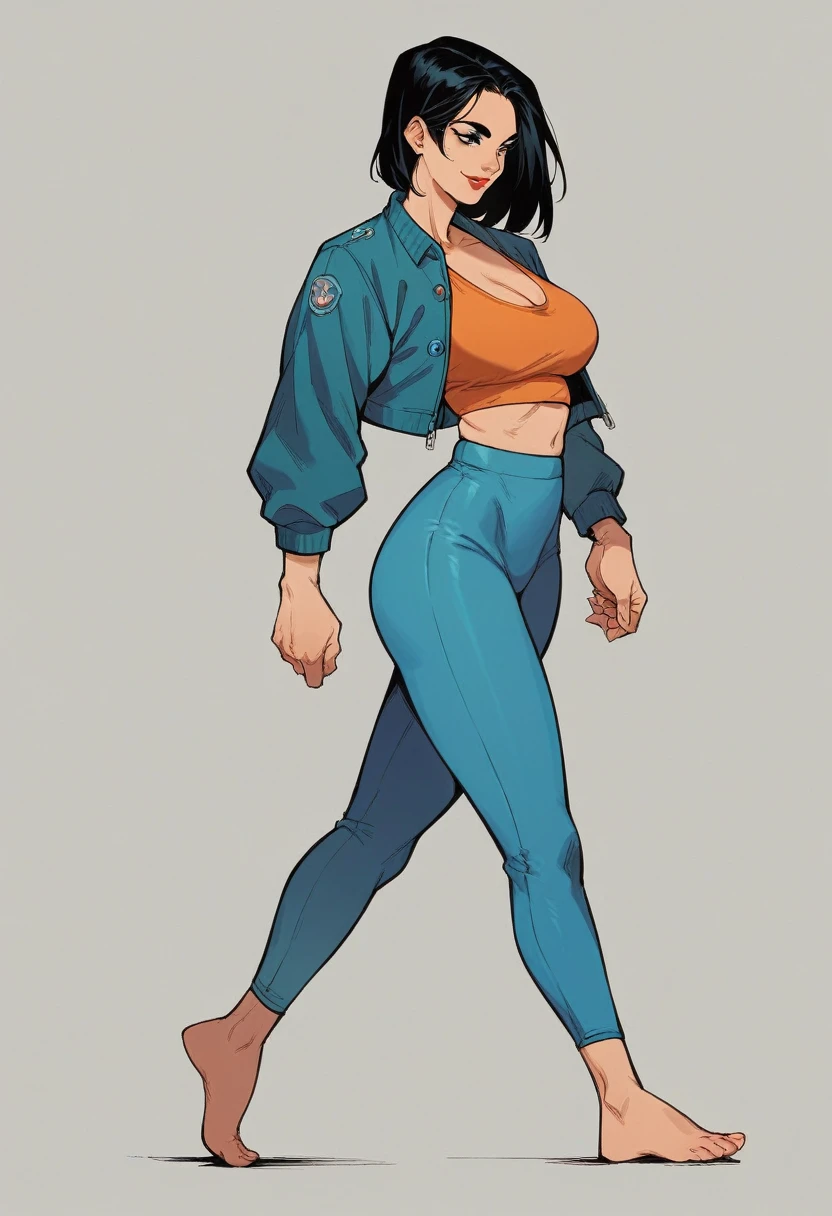Score_9, Score_8_up, Score_7_up, 1 girl, black hair, black eyes, curvy figure, smile, red lips, big bust, Cropped jacket, orange tank top, blue yoga pants, barefoot, walking, simple background, white background,