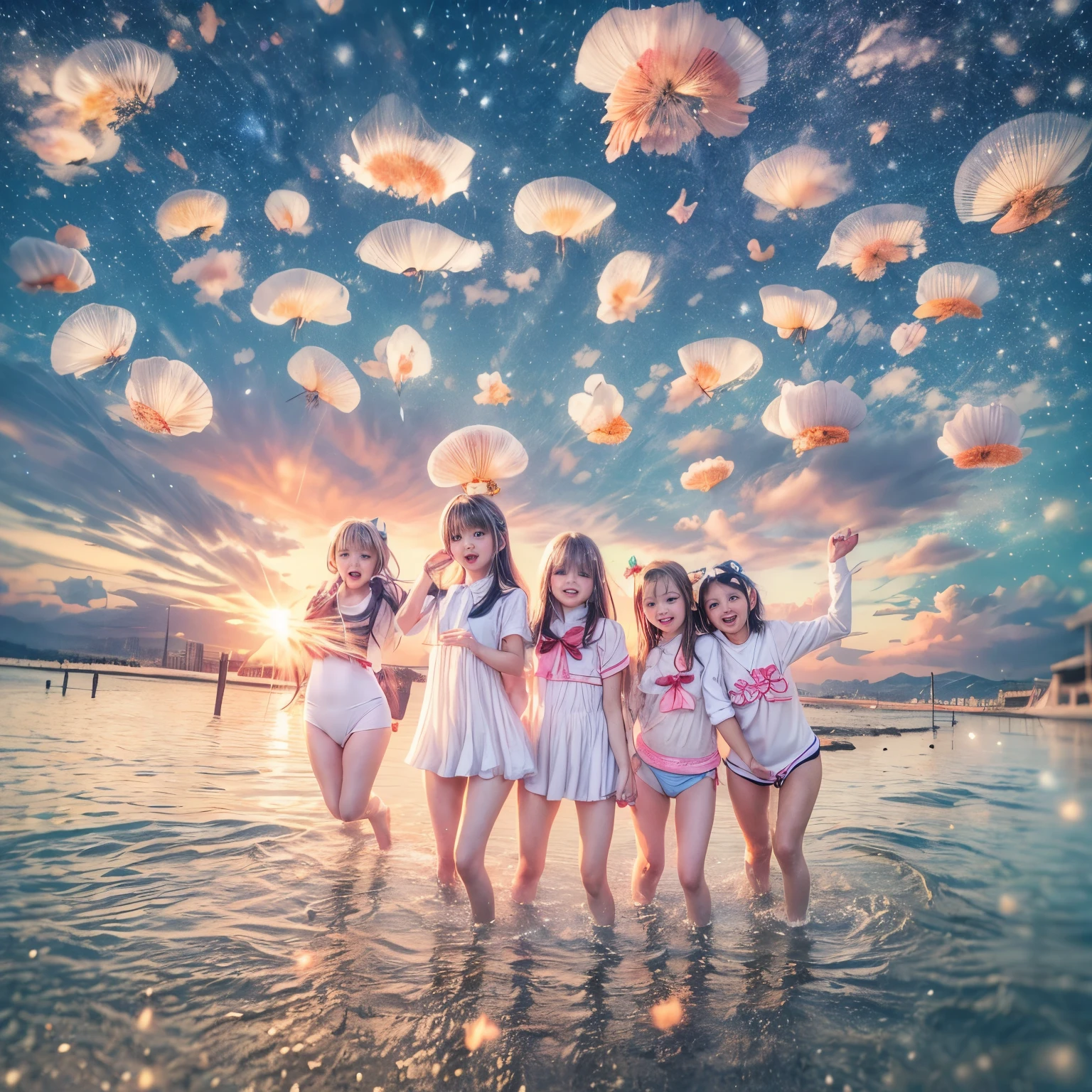 Masterpiece of ProfessionalPhoto ((ExtremelyDetailed (12 PICHIPICHI KAWAII Girls Floating in The Air in a row:1.37) in WHITE at Dusk Enoshima Beach)), {(Standing Full Body:1.2)|(from below:1.2)|Detailed KAWAII face}, Different types of hair colors, {(skinny(school swimwear))|(SchoolUniform)with Tiny AthleticShorts}, {(Corrected Childish hand)|Hidden hand|Different types of breasts|(Clearly Visible the shape of Butt)}, Joyful Expressions LifeLike Rendering, Detailed clothing texture, PerfectLighting, (Dazzling Horizon Visible through ThighGap), (Starry IridescentParticles:1.22) ColorfulClouds