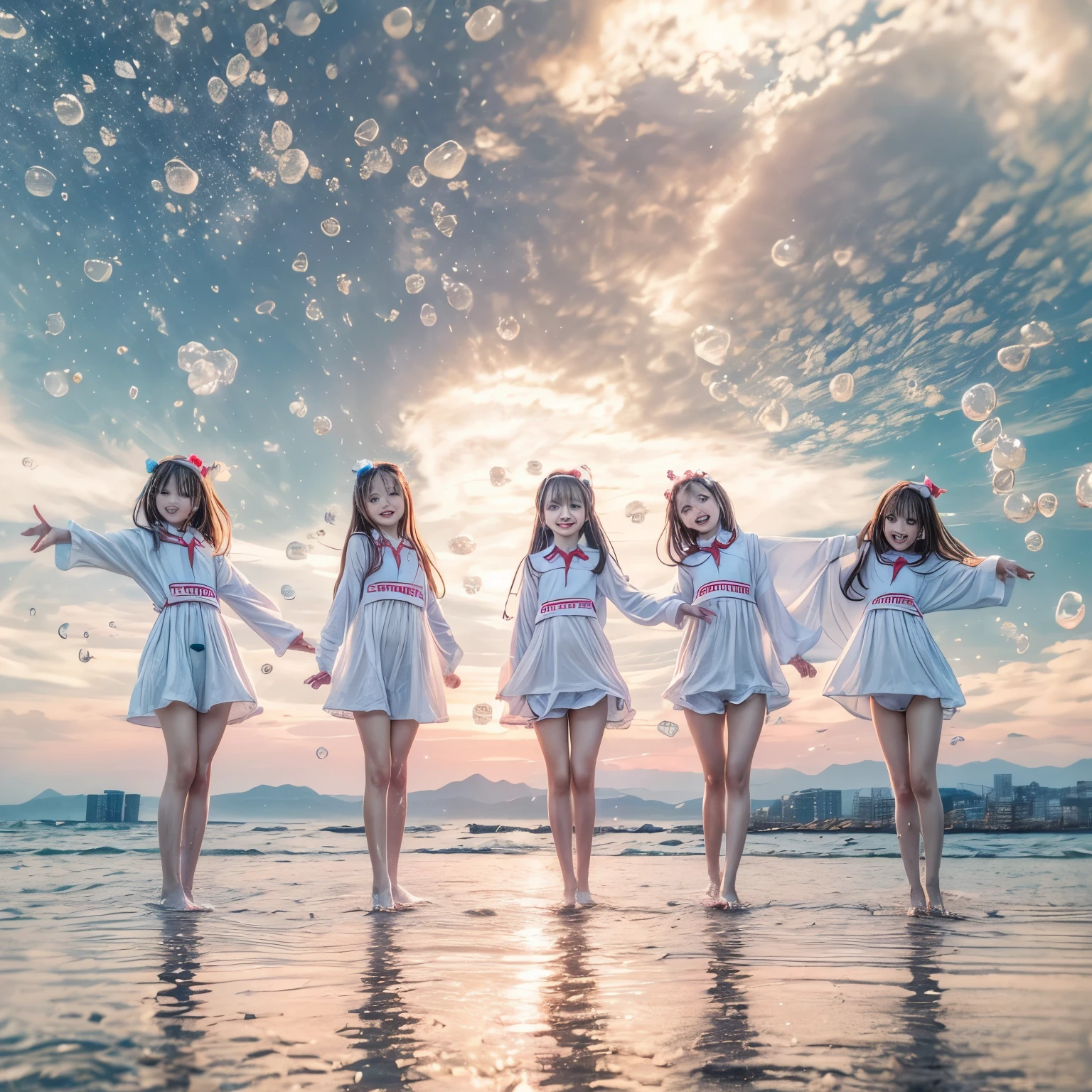 Masterpiece of ProfessionalPhoto ((ExtremelyDetailed (12 PICHIPICHI KAWAII Girls Floating in The Air in a row:1.37) in WHITE at Dusk Enoshima Beach)), {(Standing Full Body:1.2)|(from below:1.2)|Detailed KAWAII face}, Different types of hair colors, {(skinny(school swimwear))|(SchoolUniform)with Tiny AthleticShorts}, {(Corrected Childish hand)|Hidden hand|Different types of breasts|(Clearly Visible the shape of Butt)}, Joyful Expressions LifeLike Rendering, Detailed clothing texture, PerfectLighting, (Dazzling Horizon Visible through ThighGap), (Starry IridescentParticles:1.22) ColorfulClouds